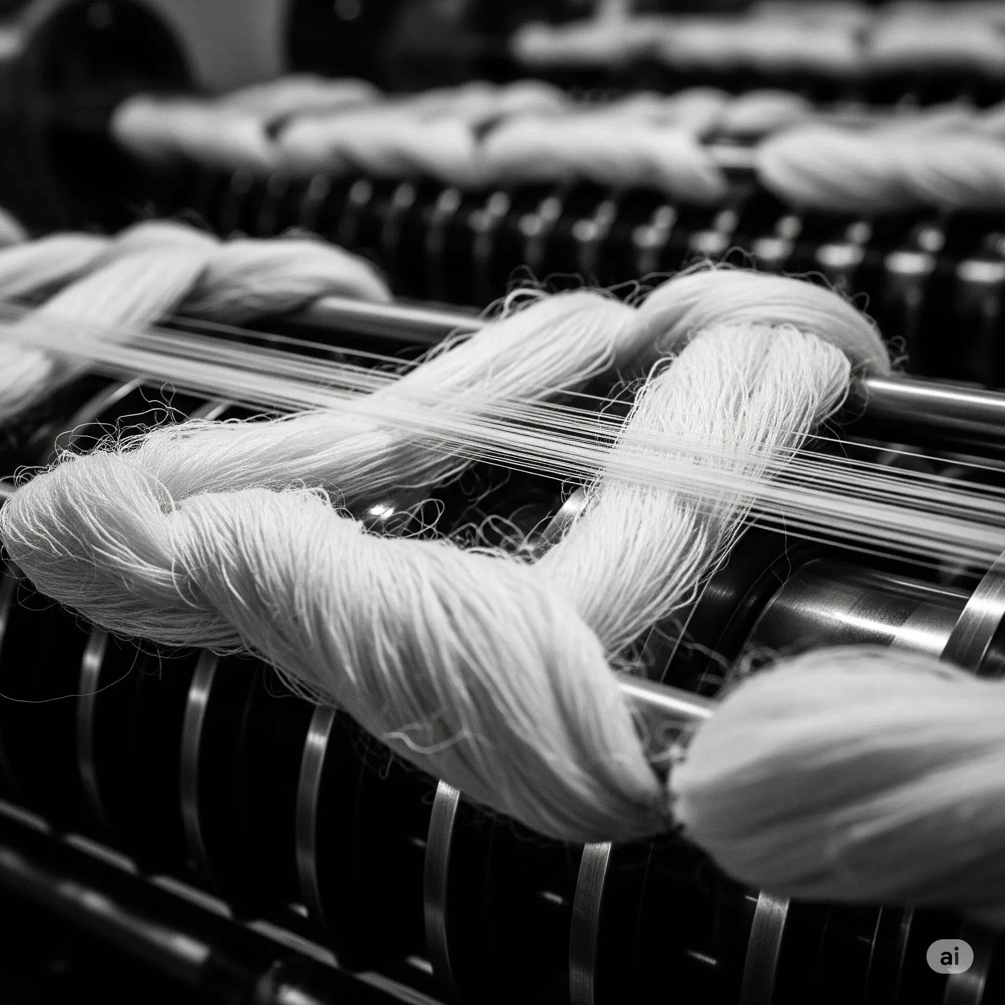 Heritage meets innovation - silk threads flowing through traditional machinery in artistic black and white