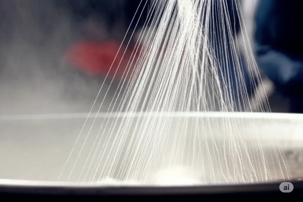 Silk fibers being processed during degumming stage with flowing white fibers