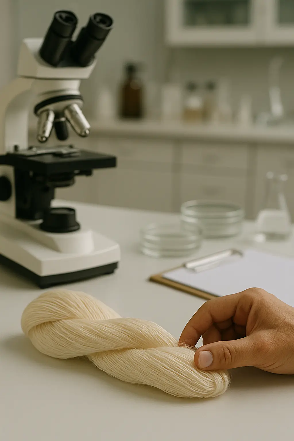 Laboratory quality control with microscope and hand inspection of silk yarn