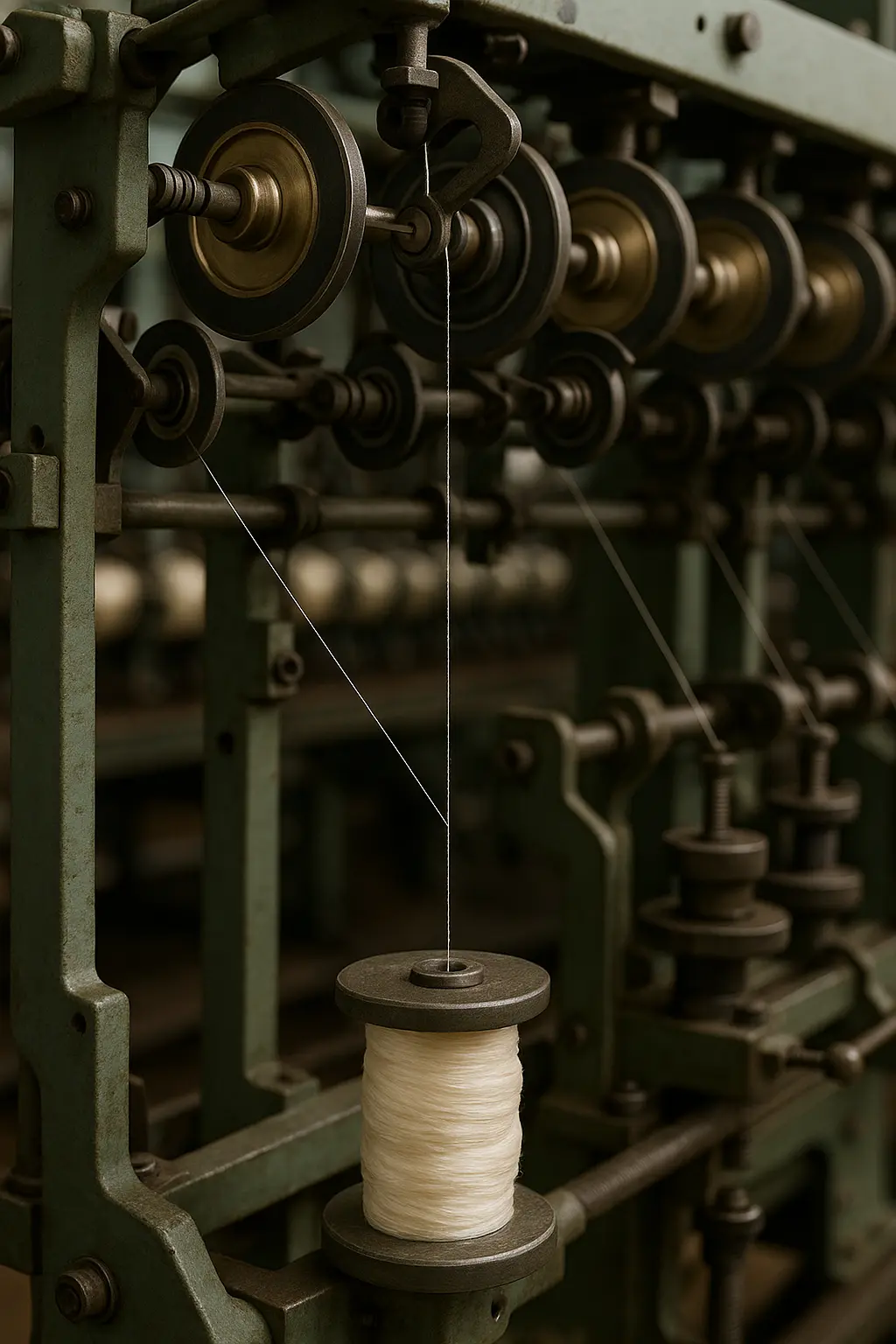 Traditional twisting machinery with silk thread being processed on industrial equipment